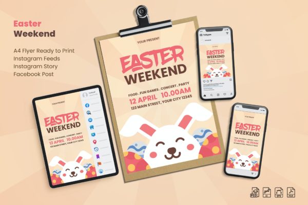 兔子复活节多尺寸广告海报&社交贴图合集 Easter Weekend – Flyer Set