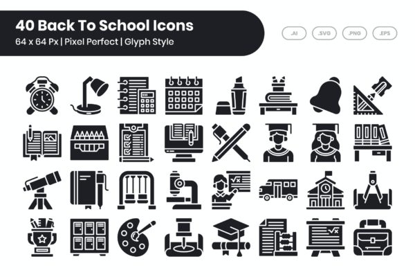 40枚学校主题字体图标包 40 Back To School Icons Set – Glyph
