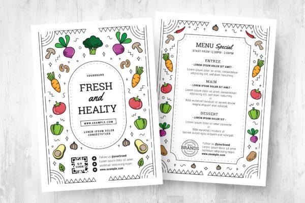 卡通蔬果素食菜单传单模板 Vegan Menu Flyer Template