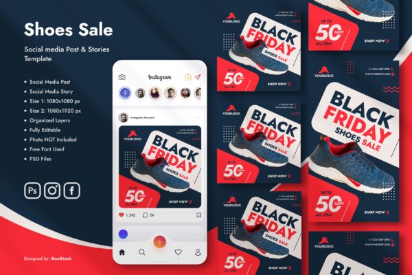 黑色星期五鞋子特卖促销社交广告模板 Black Friday Shoes Sale
