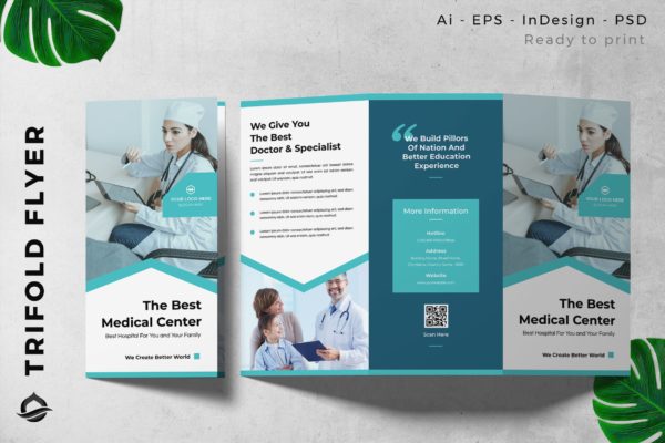 医疗中心主题三折页宣传册传单设计模板 Medical Center Trifold Brochure Flyer