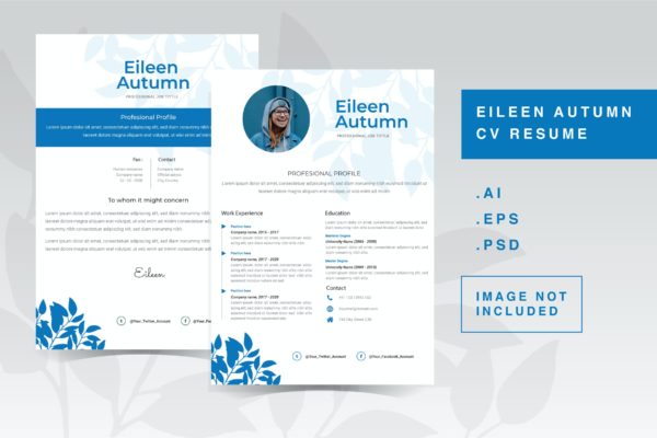 蓝色叶子CV应聘简历模板 Eileen Autumn – CV Resume Template