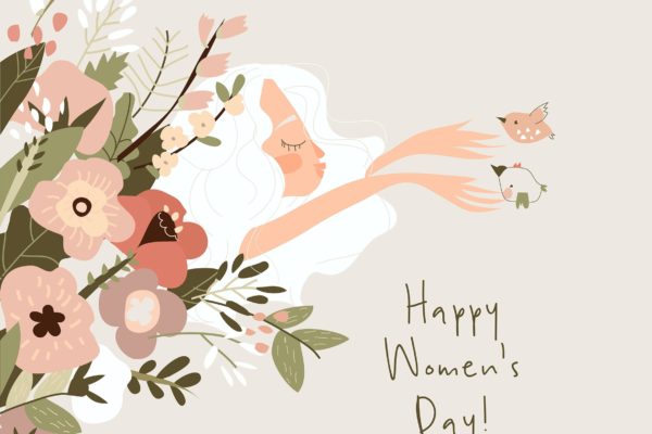 美丽的花卉女孩卡通插画 Cartoon beautiful girl with flowers. Happy Women