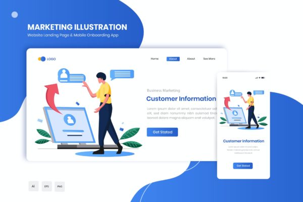 客户信息主题网站着陆页&APP启动页插画 Customer Information Flat Landing & Onboarding App
