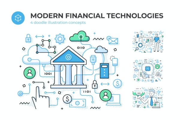 4个现代银行金融技术概念插画 4 Concepts of Modern Financial Technologies