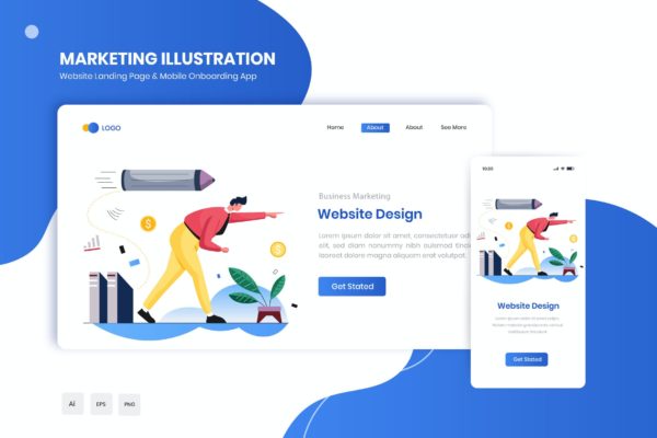 网站设计主题网站着陆页&APP启动页插画 Website Design Flat Landing & Onboarding App