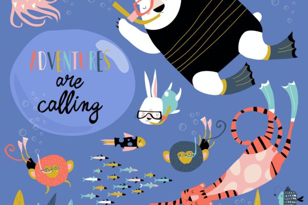 卡通动物海洋元素儿童插画矢量素材 Set of cute cartoon animals swimming underwater.