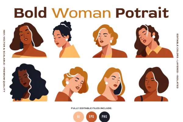 8个时尚女人肖像矢量剪贴画 8 Vector Bold Woman Portraits