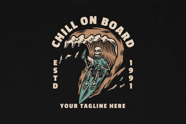 复古骷髅人冲浪徽章插画 Chill On Board Vintage Surfing Ilustration