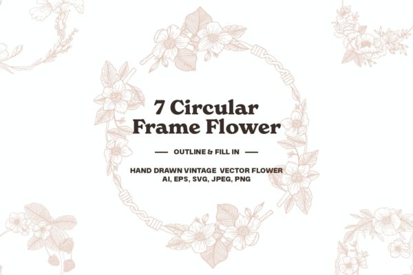 7个圆形花卉框架手绘插画 7 Circular Frame Flower