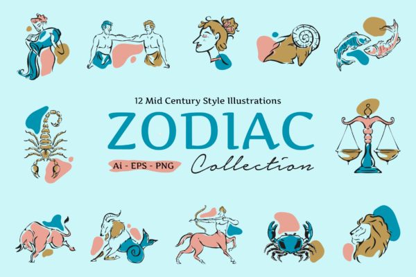 世纪中期十二星座矢量插画集 Mid Century Zodiac Illustration Set