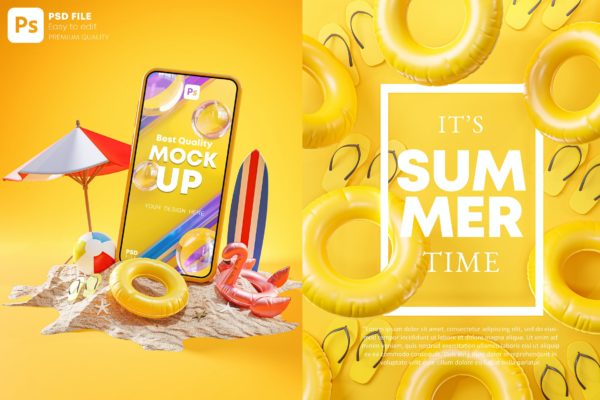 3D夏季元素iPhone和海报样机 Summer Holiday Phone Mockup and Poster 3D