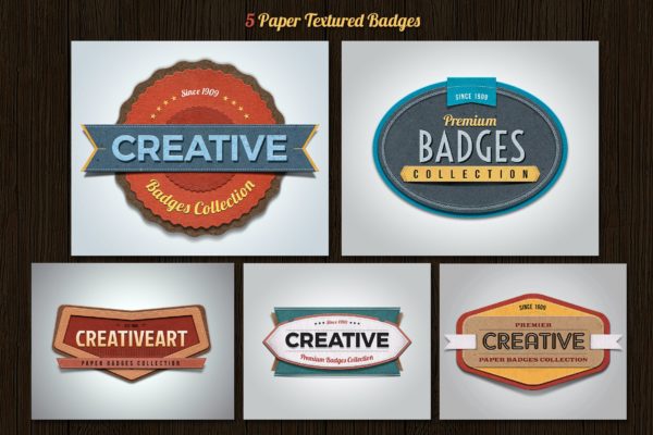 5个独特的纸张纹理徽章设计素材 Paper Textured Badges