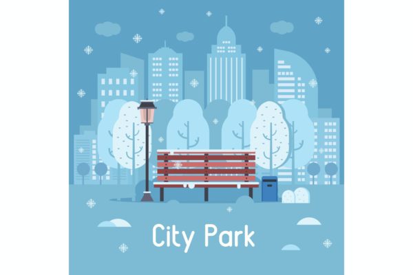 冬季城市公园扁平场景插画 Winter City Park Flat Scene