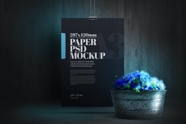 花盘暗黑场景吊挂A3尺寸海报样机 Hanging Mockup A3 Poster Flowers Black Scene