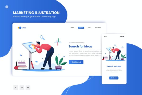 寻找想法主题网站着陆页&APP启动页插画 Search for Ideas Flat Landing & Onboarding App