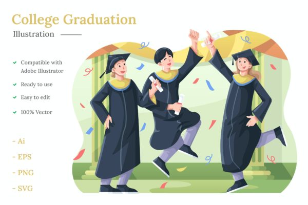 大学毕业主题矢量插画 College Graduation Illustration