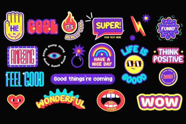 19个色彩鲜艳的正面贴纸设计素材 Positive Stickers