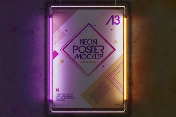 吊挂霓虹灯金属框架A3海报样机 Hanging Mockup A3 Poster Neon Light Metal Frame