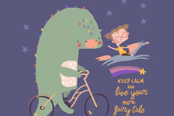 可爱的卡通自行车恐龙矢量插画素材 Funny cartoon dinosaur ride on a bicycle. Cute