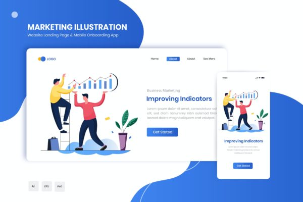 改善指标主题网站着陆页&APP启动页插画 Improving Indicators Flat Landing & Onboarding App
