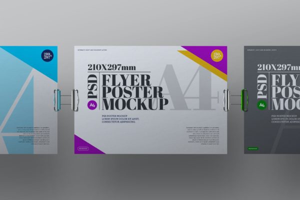 吊挂A4横向尺寸传单海报样机套装 Hanging Mockup A4 Flyer Poster Clipboard Clip Set