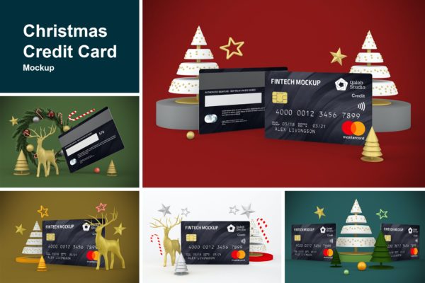 圣诞主题背景信用卡设计样机 Christmas Credit Card