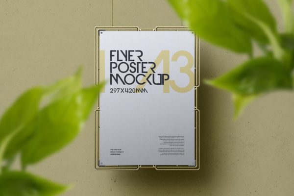 吊挂金属框架植物场景A3尺寸海报样机 Hanging Mockup A3 Poster Golden Metal Frame Plant