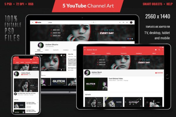 故障特效YouTube频道艺术设计模板 Glitch YouTube Channel Art