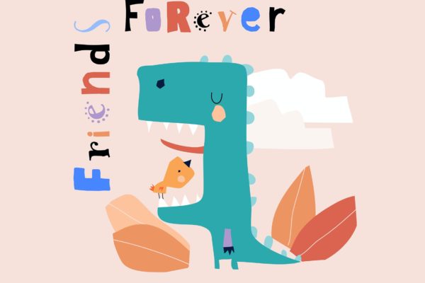 可爱的卡通恐龙与小鸟矢量插画素材 Cute cartoon dinosaur with little bird. Vector