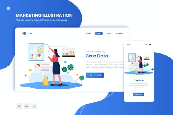 关键数据主题网站着陆页&APP启动页插画 Crux Data Flat Landing & Onboarding App