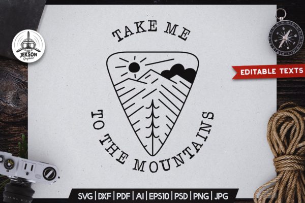 野营线条艺术山地标签徽章设计模板  Camping Line Art Badge Design. Mountain Label
