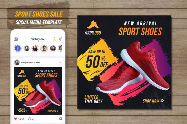 运动鞋销售社交媒体模板 Shoes Sale Social Media Template
