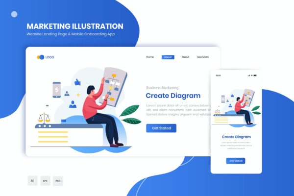 创建图表主题网站着陆页&APP启动页插画 Create Diagram Flat Landing & Onboarding App