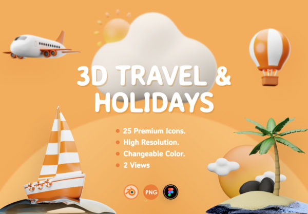 设计森林下午茶：旅行假期主题3D对象和图标