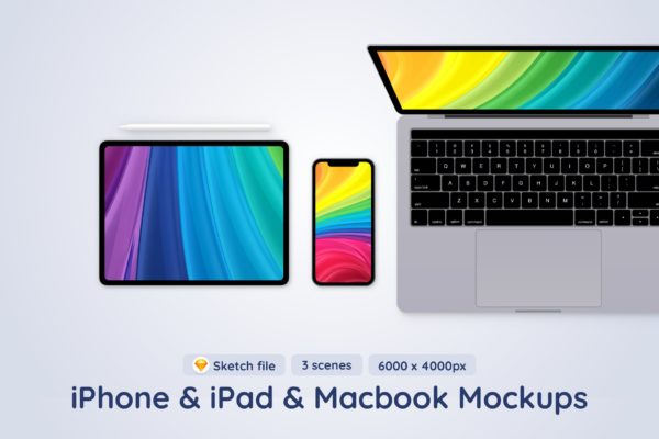 Apple电子设备屏幕顶视图Sketch样机 Apple Mobile Devices top view – 3 Sketch Mockups