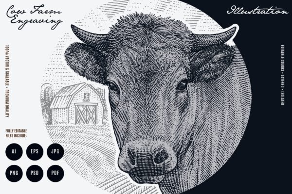 奶牛动物复古雕刻插画 Cow Farm Engraving Illustration