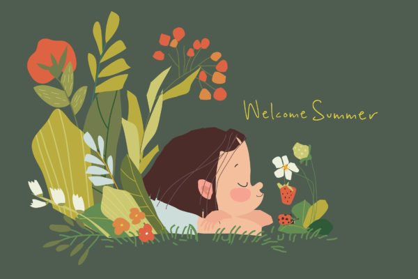 可爱草地和鲜花小女孩矢量插画 Cute little girl lying in grass and flowers. Vecto