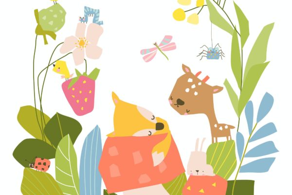 夏季植物和花卉卡通动物矢量插画 Little cartoon animals in summer plants and flower