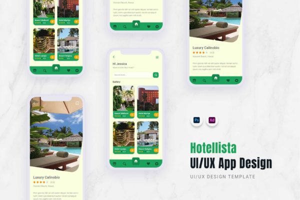 度假酒店App移动应用页面设计模板 Hotellista App Mobile