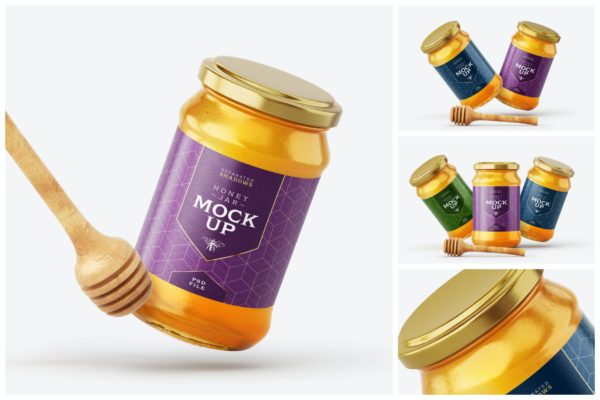 蜂蜜罐包装标签设计样机套装  Honey Jar Mockup Set With Dipper