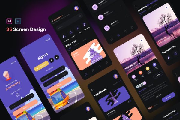 旅行/旅游App UI界面设计套件（暗黑版本） Traap – Travel mobile App UI Kit (Dark Version)