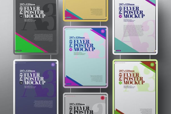 极简单色框架A3尺寸海报样机套装 Hanging Mockup A3 Poster Minimal Color Frame Set