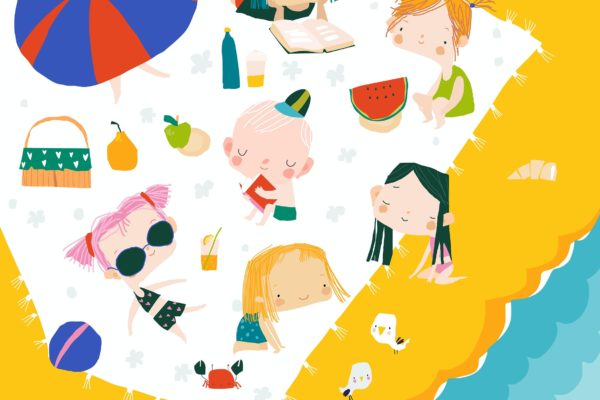 儿童海边野餐卡通矢量插画 Happy children having picnic at sea coast. Hello
