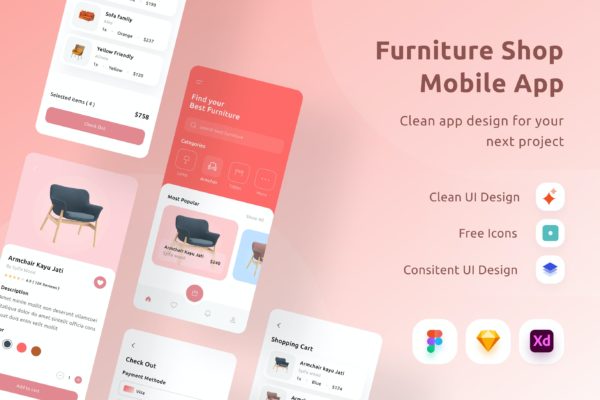 家具店App界面设计模板 Furniture Shop Mobile App