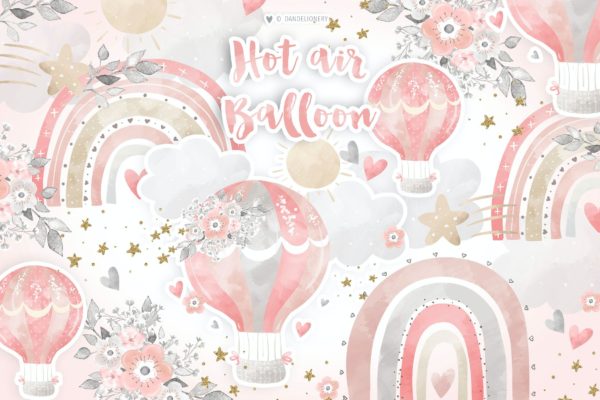 热气球女孩彩虹剪贴画素材 Hot Air Balloon design Girl