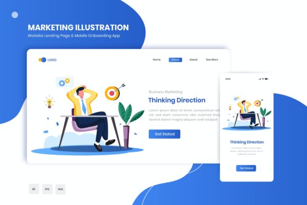 思维方向主题网站着陆页&APP启动页插画 Thinking Direction Flat Landing & Onboarding App