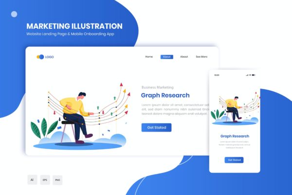 图形分析主题网站着陆页&APP启动页插画 Graph Research Flat Landing & Onboarding App