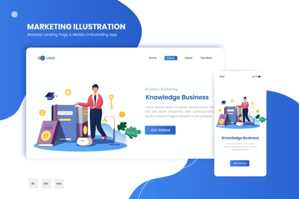 知识型企业主题网站着陆页&APP启动页插画 Knowledge Business Flat Landing & Onboarding App
