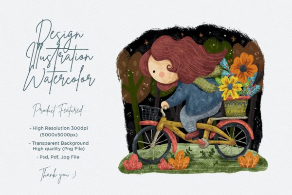 可爱的自行车女孩水彩插画设计 Cute Girl Illustration Design With Watercolor